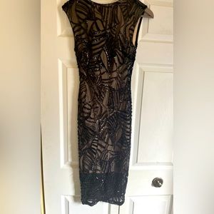 Women black sequin cocktail pencil dress w/ beige underlay, Small.